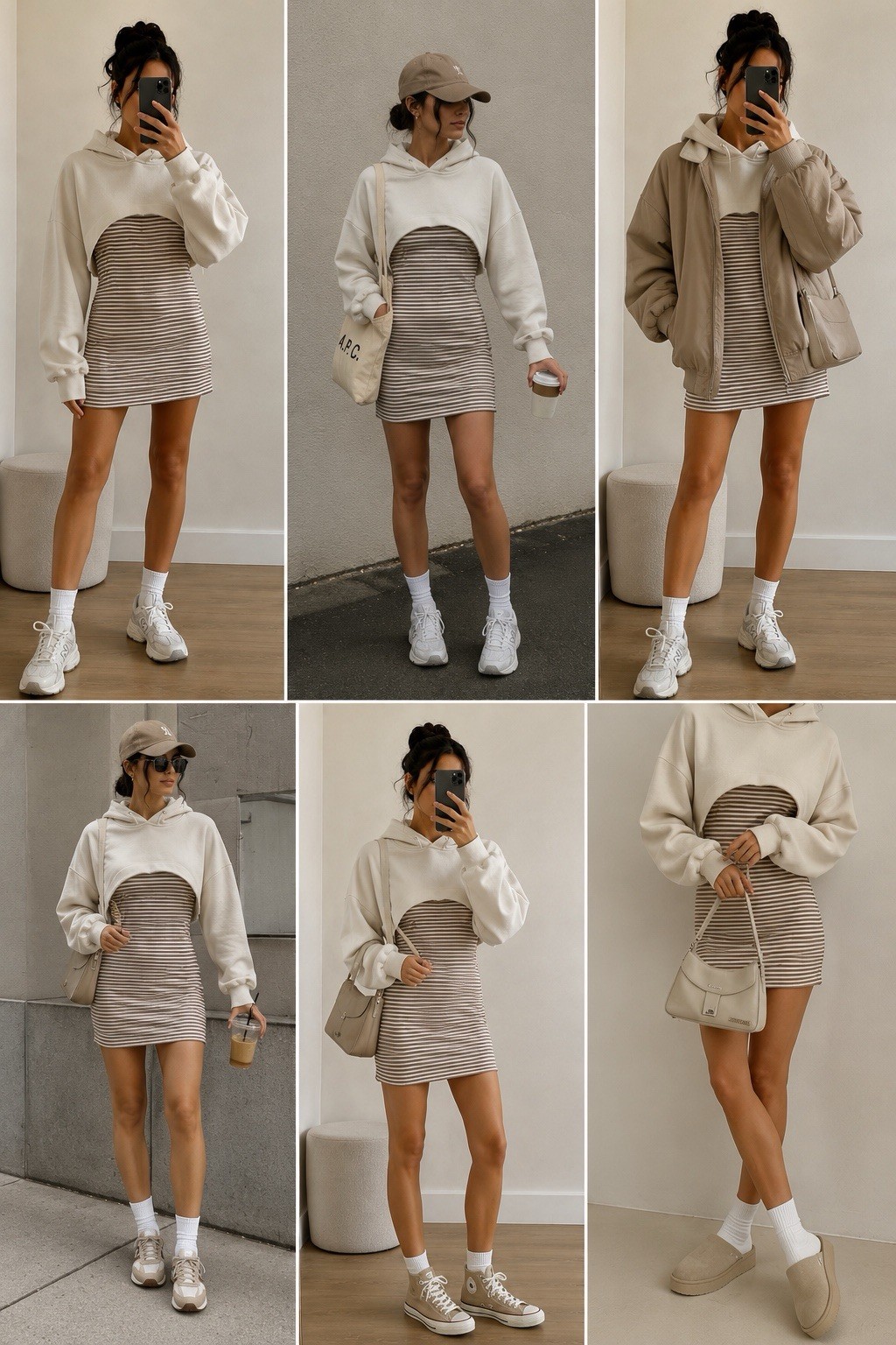Mocha & Cream Striped Bodycon Mini Dress with Cropped Hoodie S