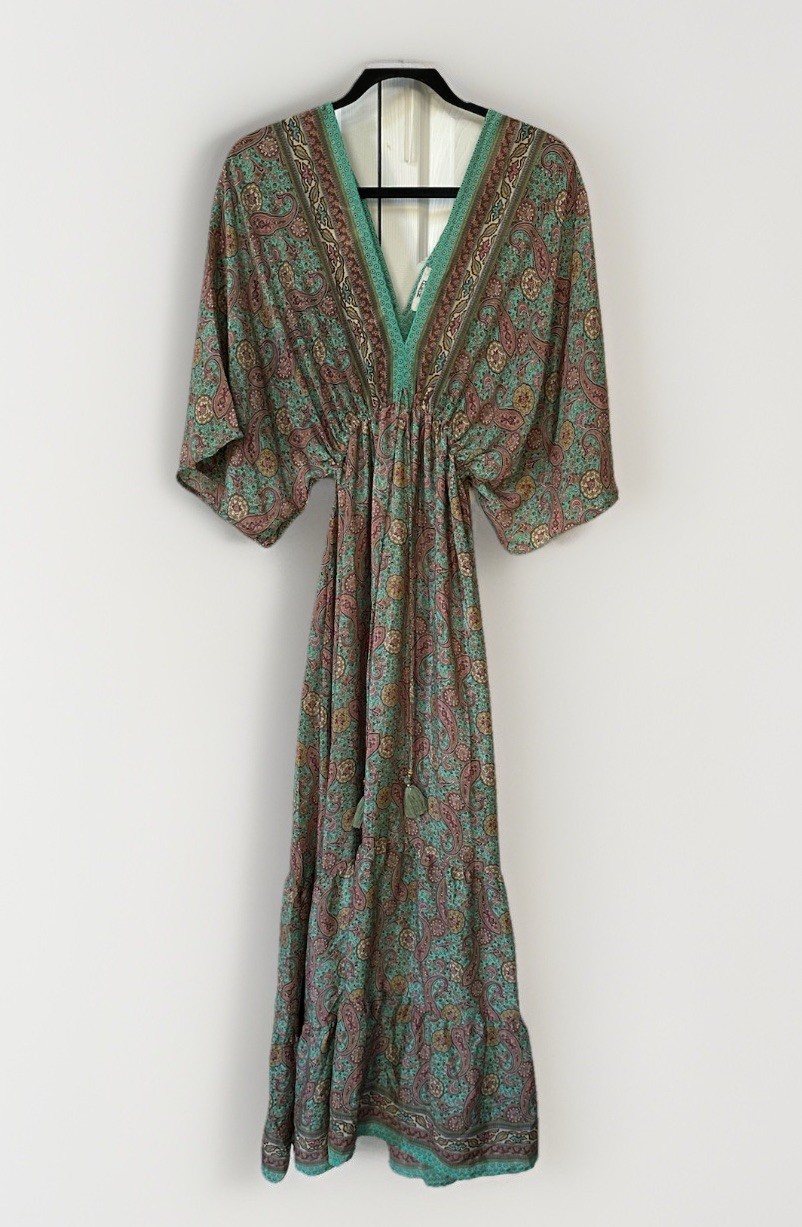 Zury Boho Paisley Maxi Dress Viscose Caftan Blush Pink Gold Stripe Free Size