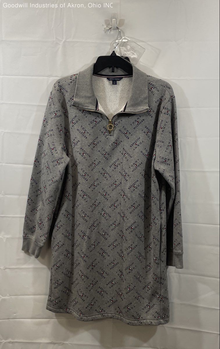 Tommy Hilfiger Women’s Grey All Over Logo Print Quarter Zip Sweatshirt Dress L