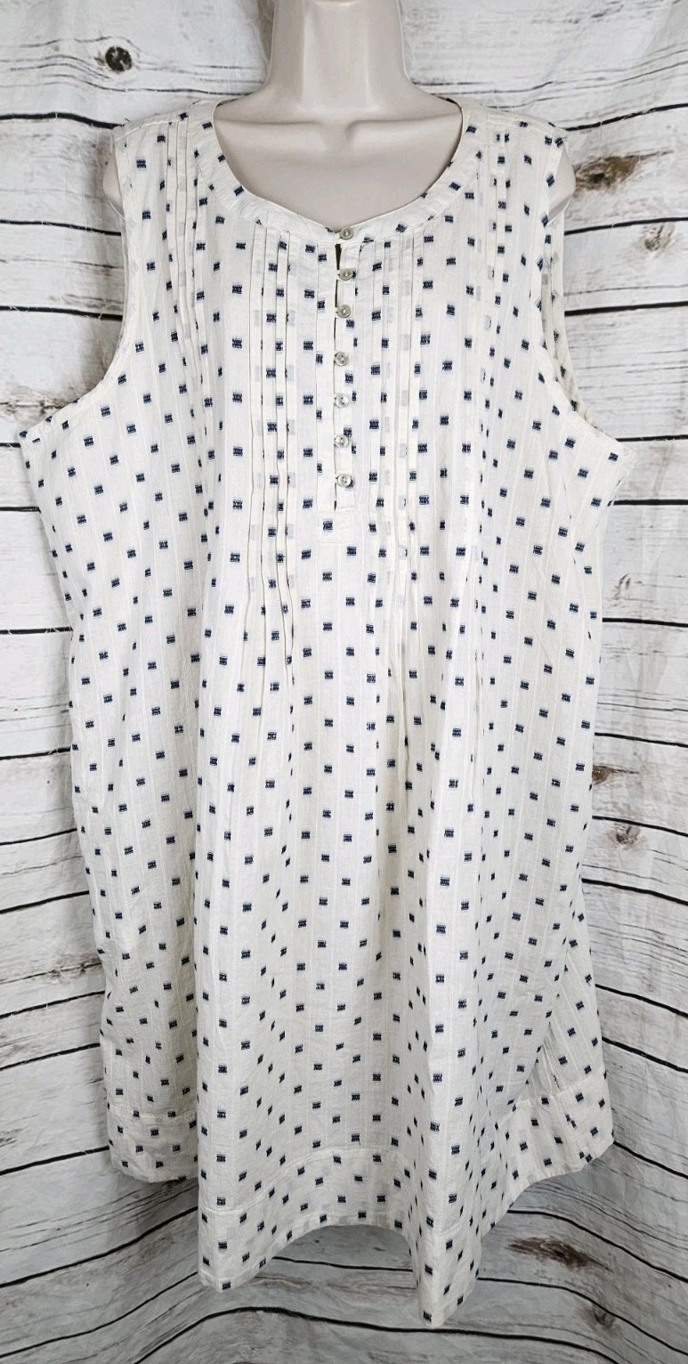 Lucky Brand Cream Embroidered Shirt Dress XXL Sleeveless Pintuck Pleats Cotton