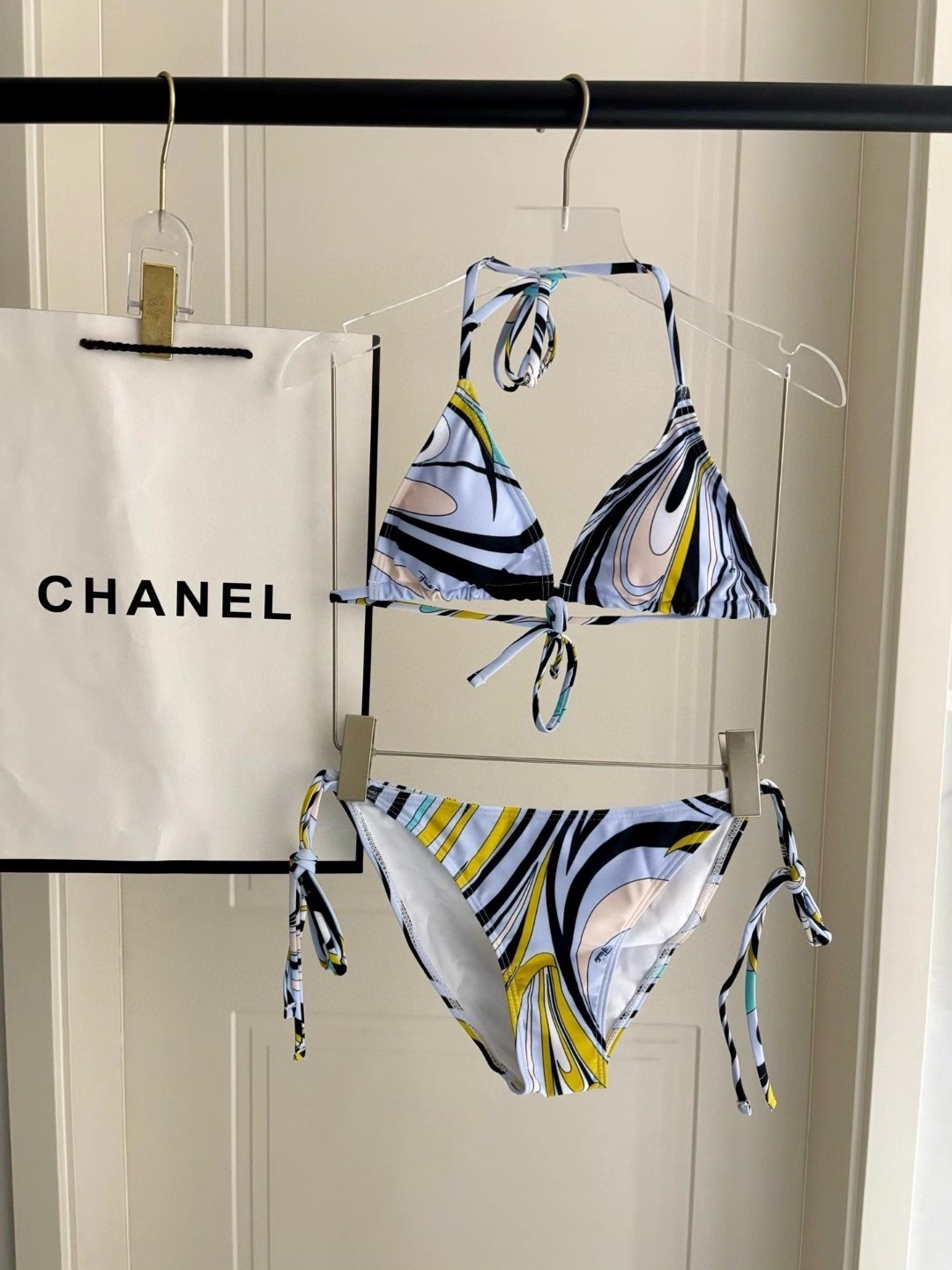 Emilio Pucci Pale Blue Multi Swirl Print Tie Side Two Piece Bikini Set