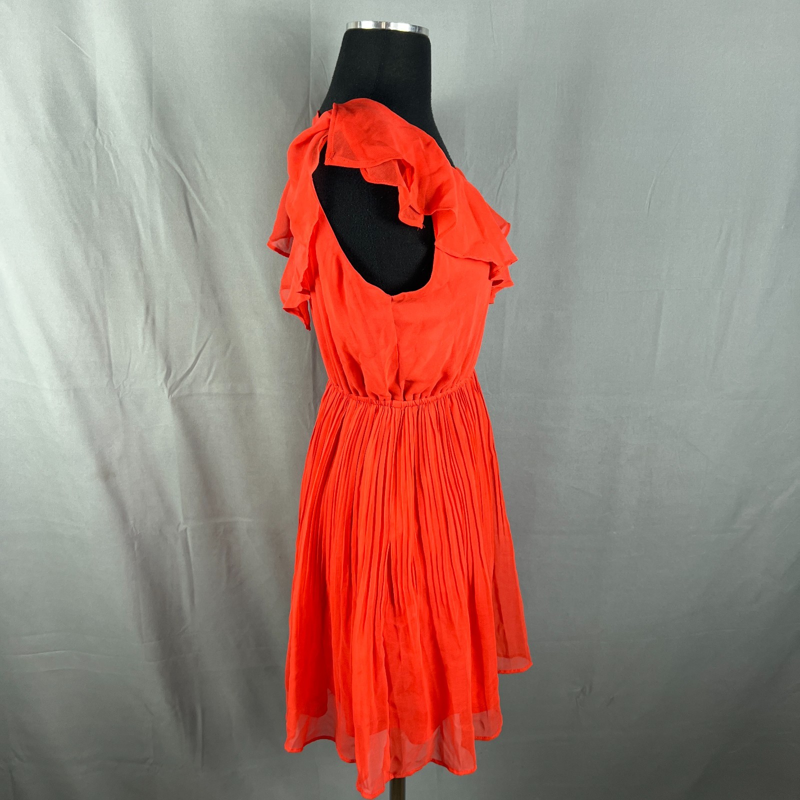 Double Zero Pleated Dress Womens Medium Orange Cinch Waist Chiffon Ruffle Trim