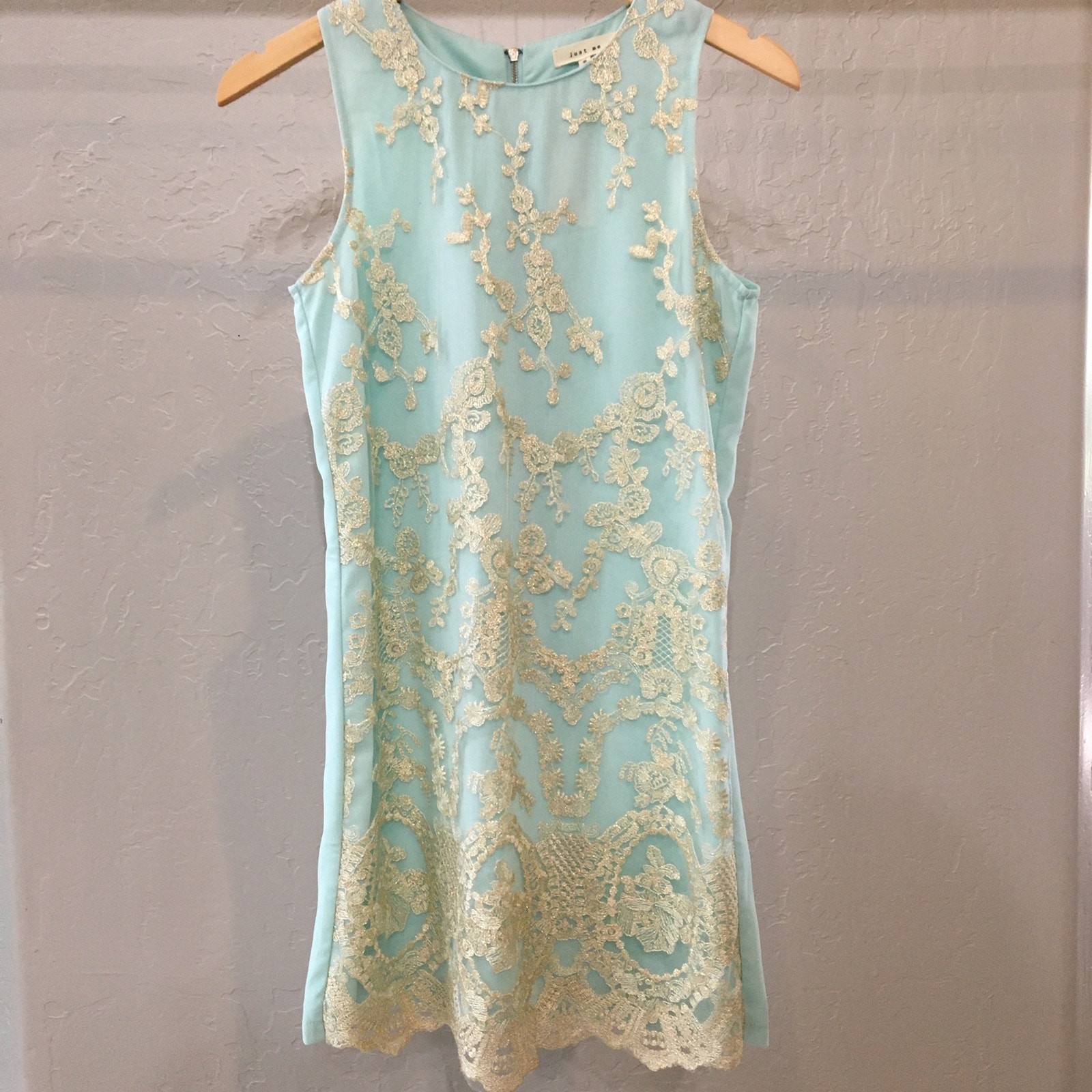 Just Me Boutique Women’s Size S Dress Sheath Gold Lace Overlay Mint Green
