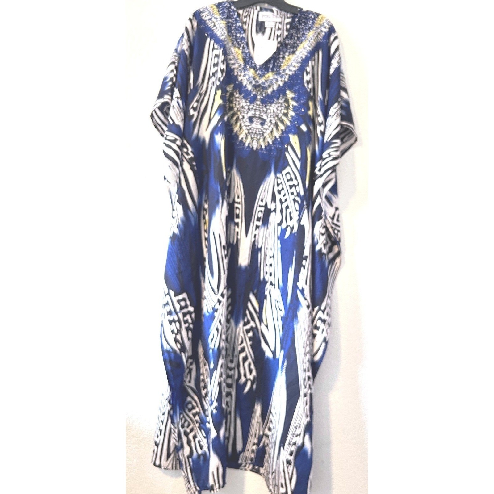 Boho Jessica Taylor NWT Blue Tribal Print Embellished Kaftan Maxi Dress OS