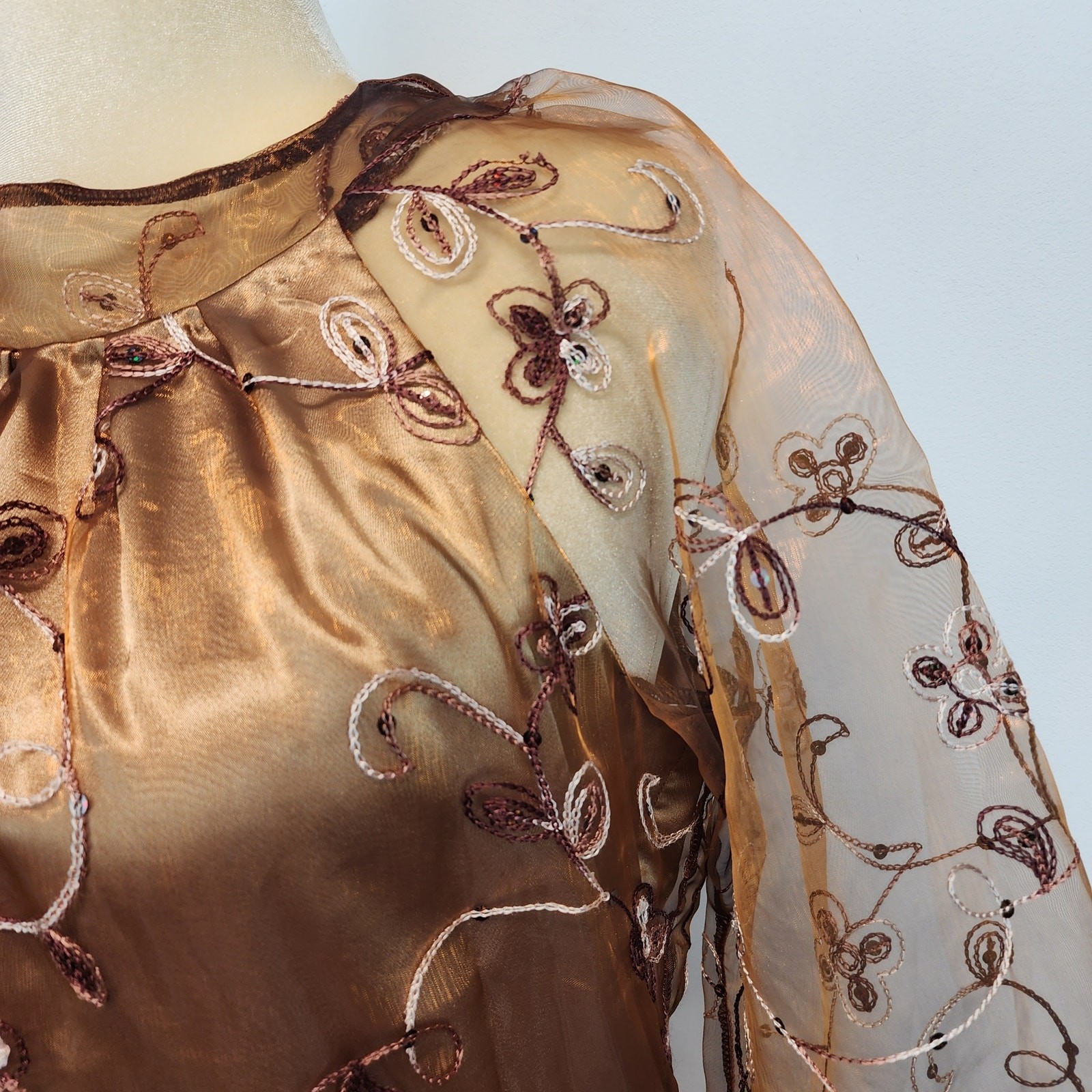 Embroidered Regency Floor Length Dress Size L Brown Damask Taffeta Sheer Whimsy