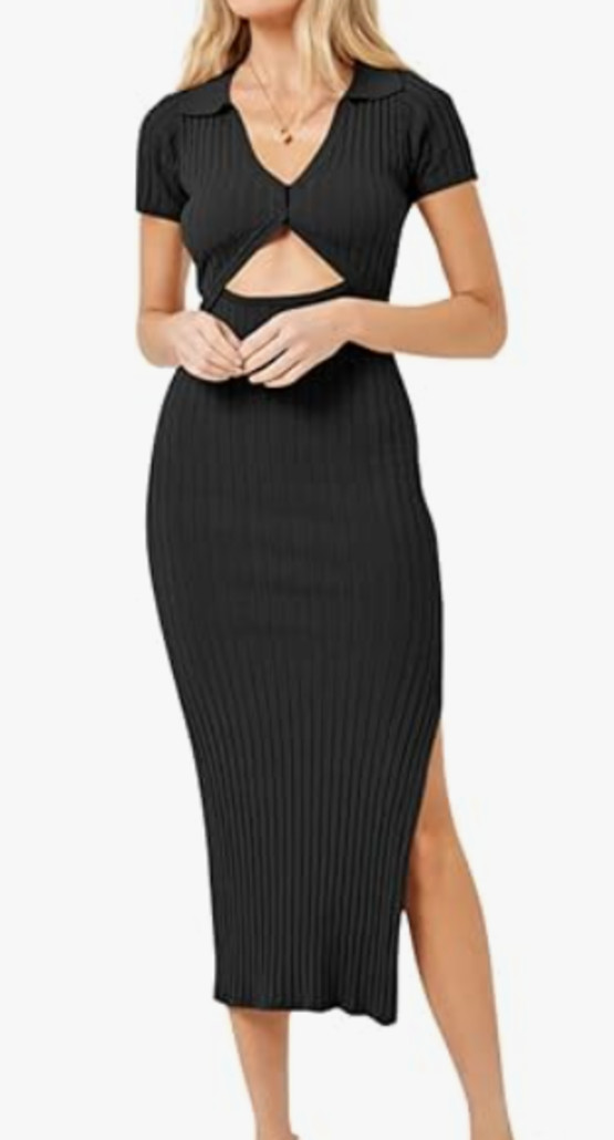 NEW Fisoew Women’s Knitted Ribbed Side Split Bodycon Midi Dress Size Medium