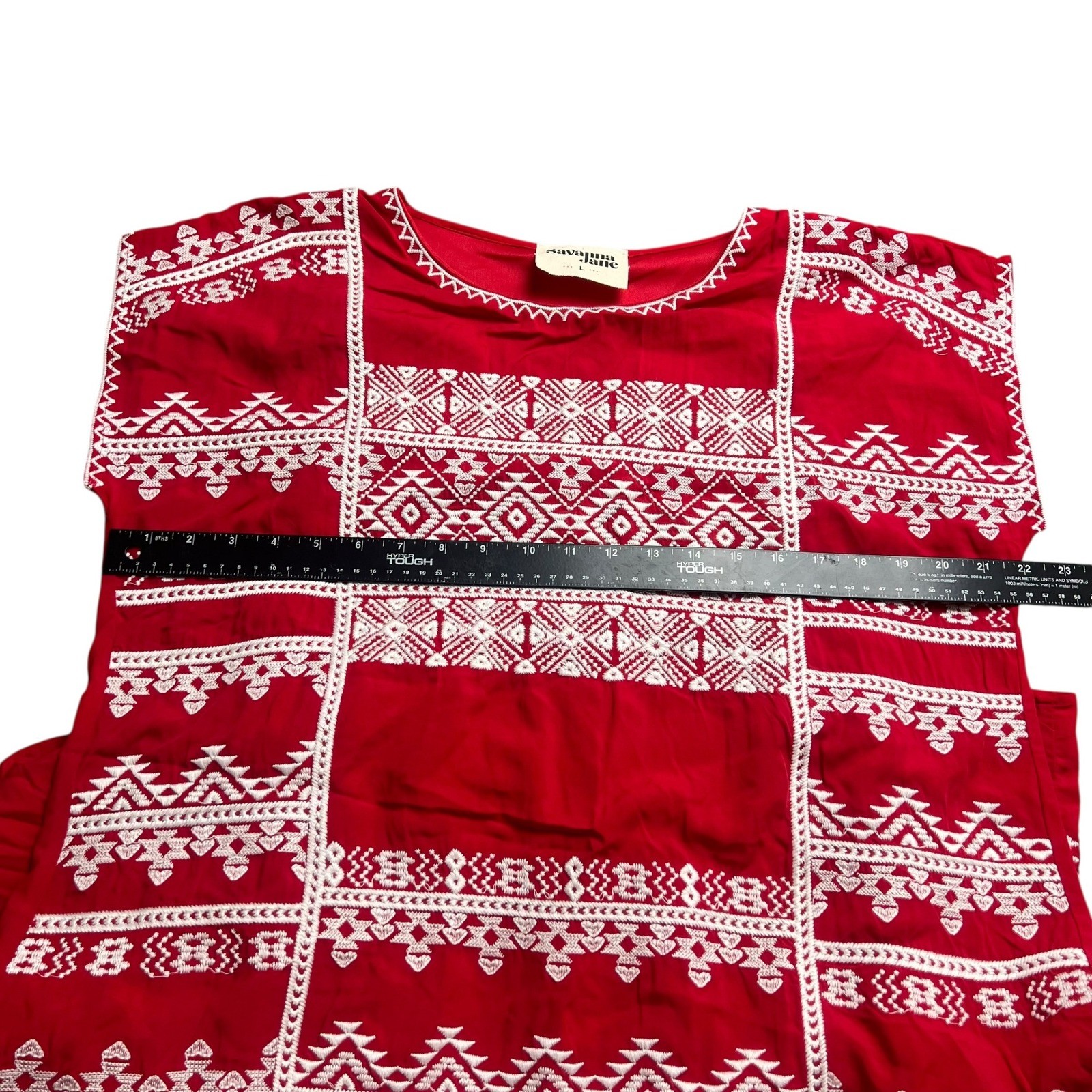 Savanna Jane Red Embroidered Boho Shift Dress Women Large Geometric Cap Sleeve