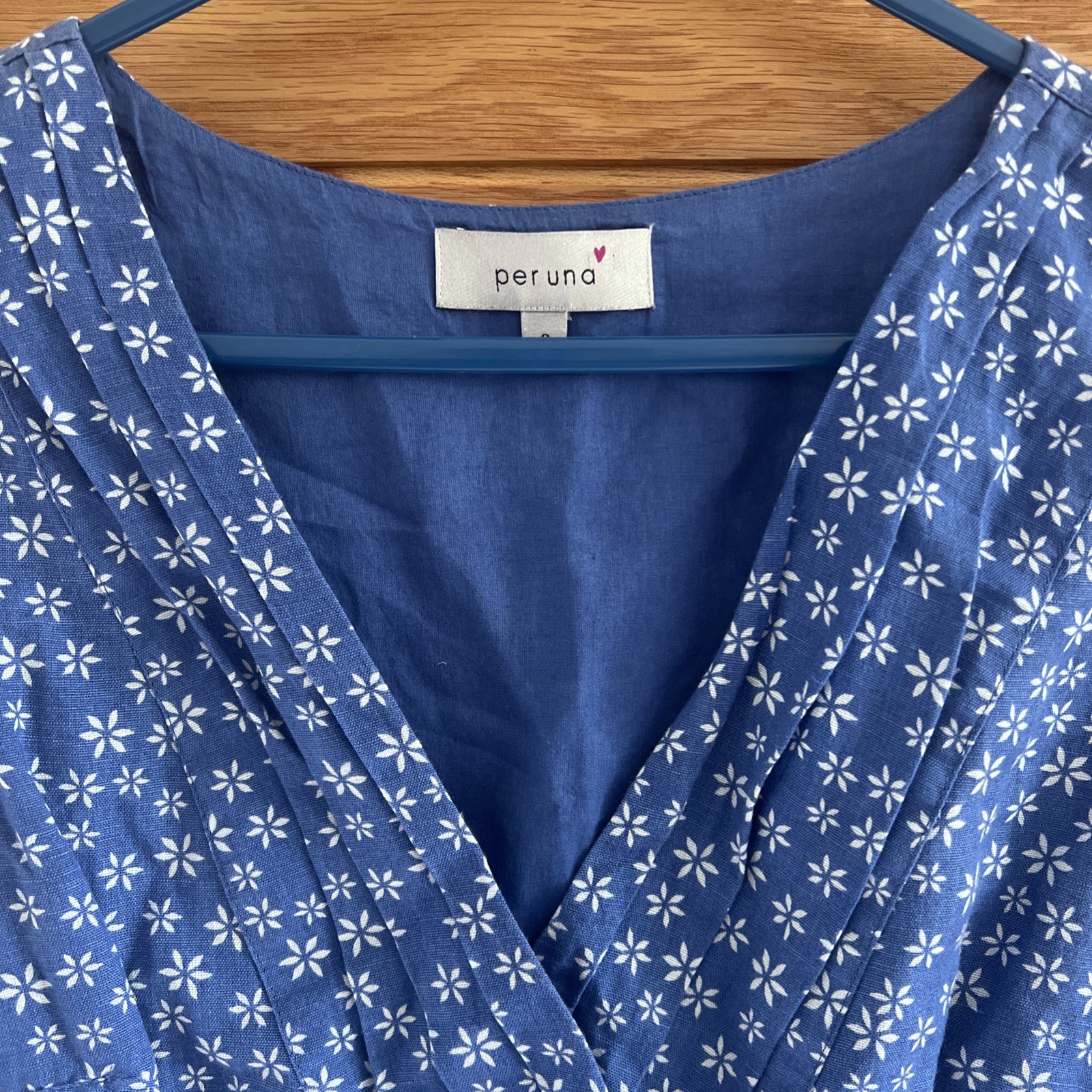 Per Una Dress UK 8 Blue White Floral Beaded Linen Cotton Blend Pockets Summer