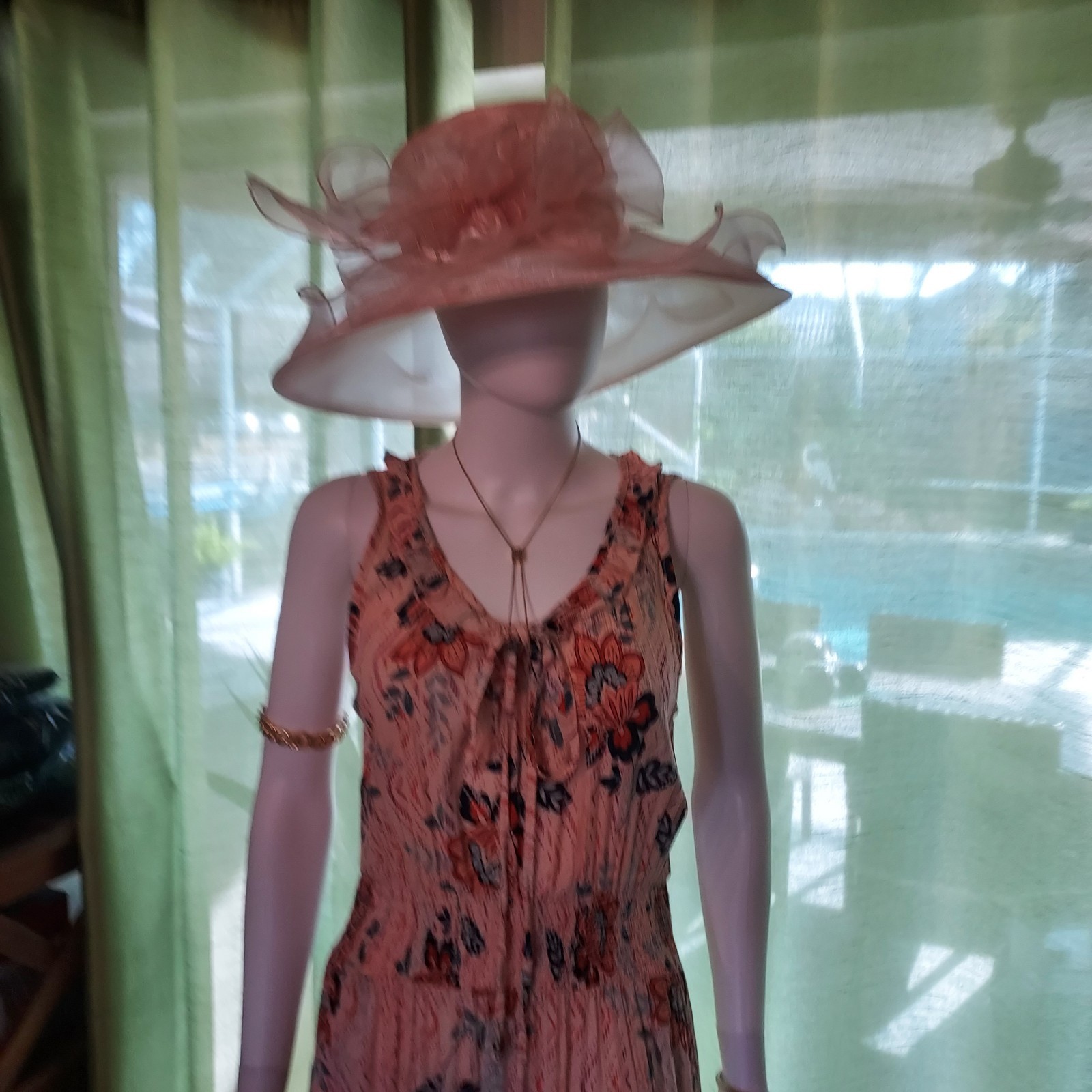Sky and Sand Peach Floral Sleeveless Midi Dress Ruffle Tie Smocked with Hat.