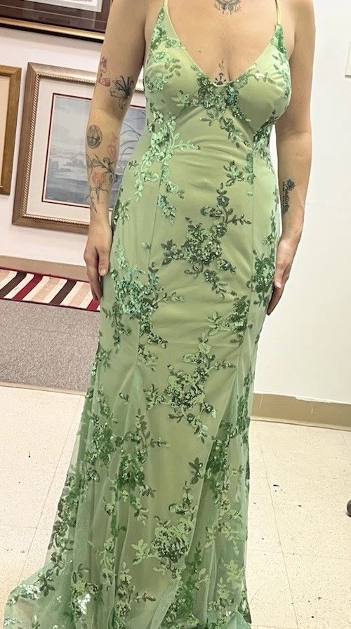 Green Sequin V-Neck Evening Dresses Spaghetti Straps Backless Lace-Up Prom Gowns