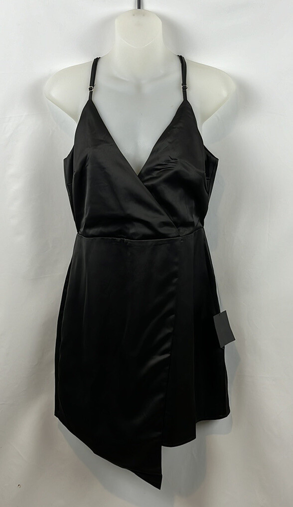 Lulus What a Stunner Black Satin Asymmetrical A-Line Mini Dress Size M – NEW