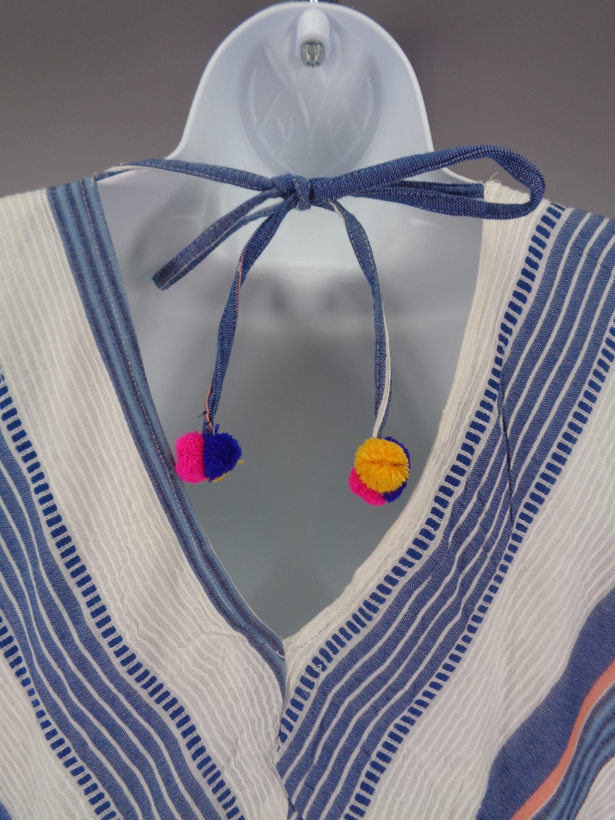 THML Stripe Pom Pom Tie Neck Dress Size Small White Blue Coral