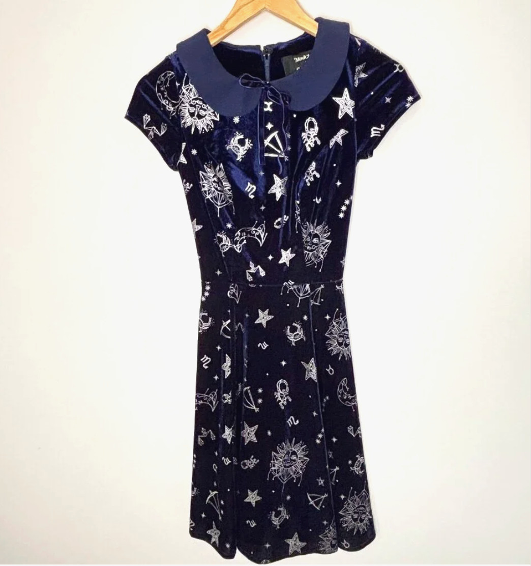 Modcloth x Collectif Zodiac Velvet Skater Whimsigoth Dress UK size 4/ US 0 XXS