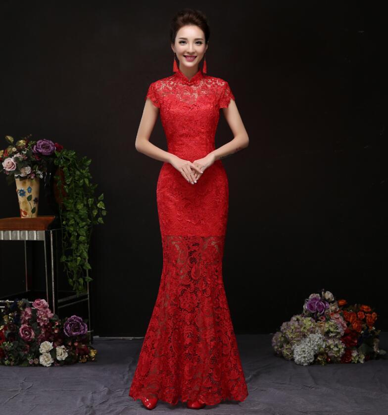 Cheongsam QiPao Long Wedding Dress Chinese Women’s Gown Lace Evening Dress R222