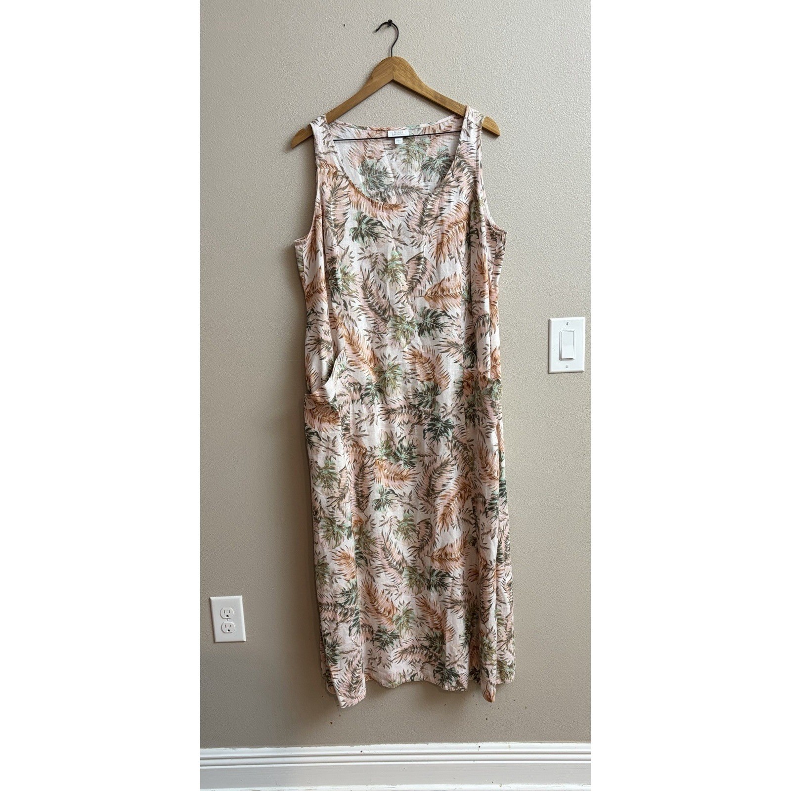 J. Jill Love Linen Maxi Dress XL Tropical Palm Print Sleeveless Pocket Boho