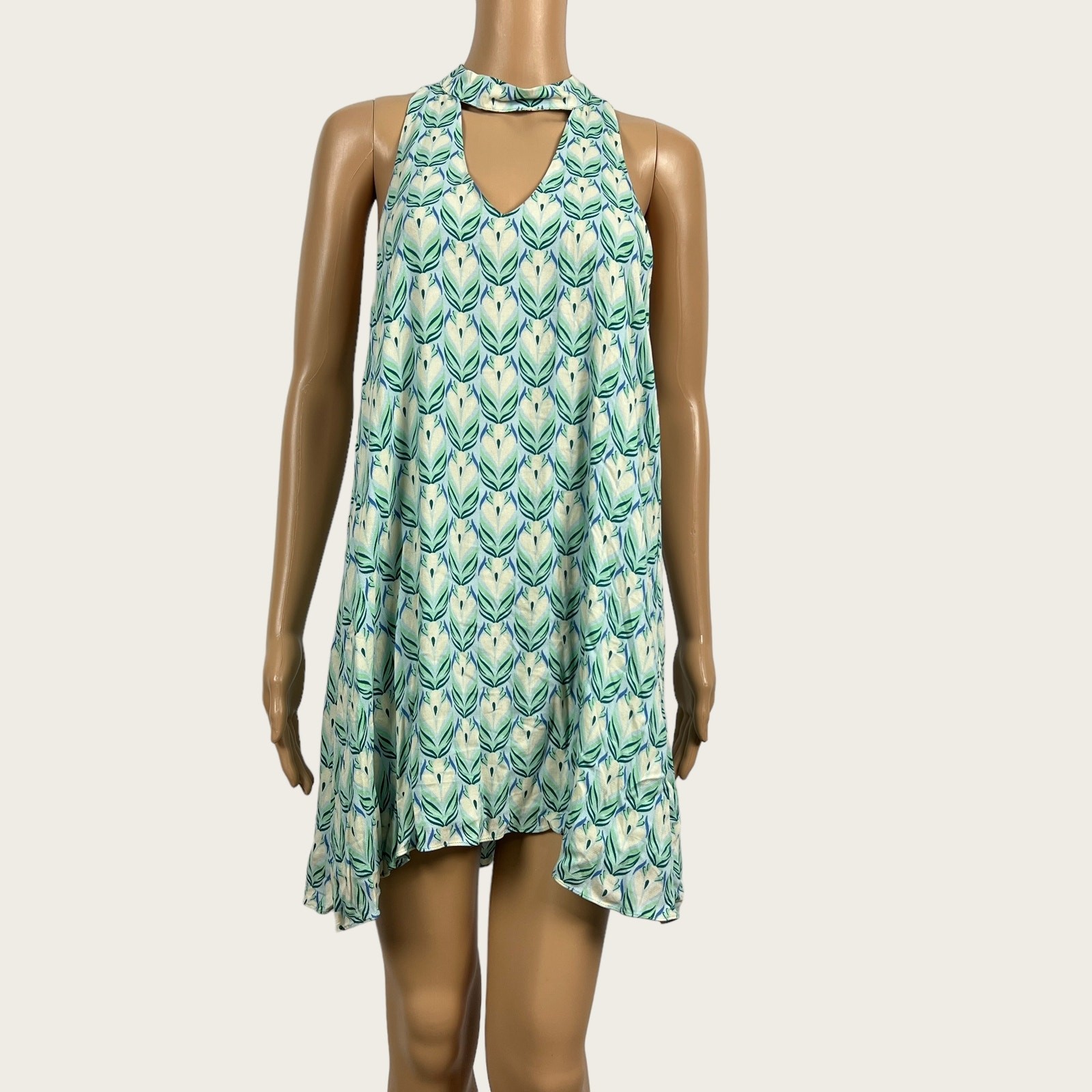 Olivaceous MEDIUM Green Print Cut Out Neck Back Short Trapeze Swing Dress