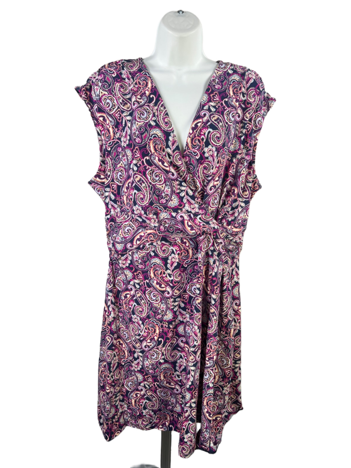 Lands End Women’s Purple Paisley V-Neck Sleeveless A-Line Dress – XL