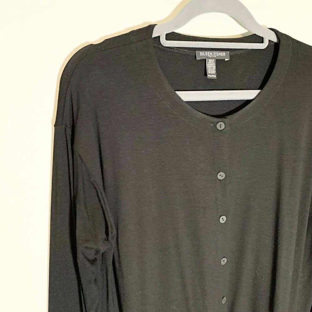 Eileen Fisher Button Front Long Sleeve Dress Women PM Black Drawstring Waist