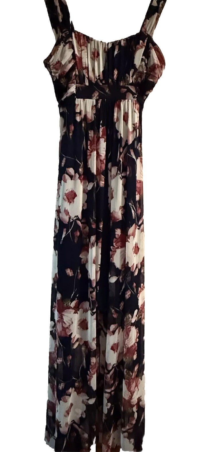Floral Maxi Women’s Dress Sz 6 Cinched Top Split Front Bottom/Solid Black Inside