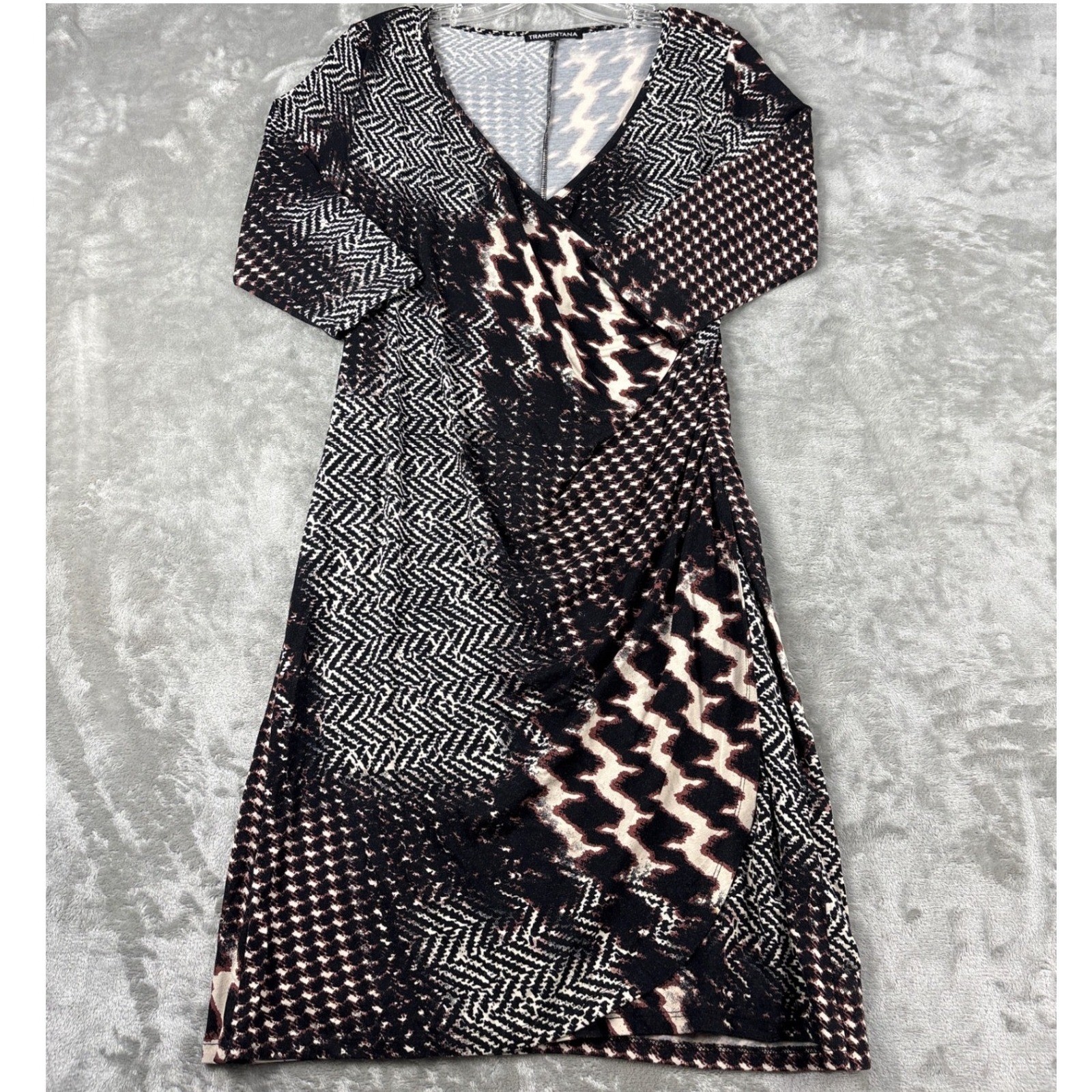Tramontana Mixed Geometric Print Faux Wrap Dress Black White Tan Portugal Med