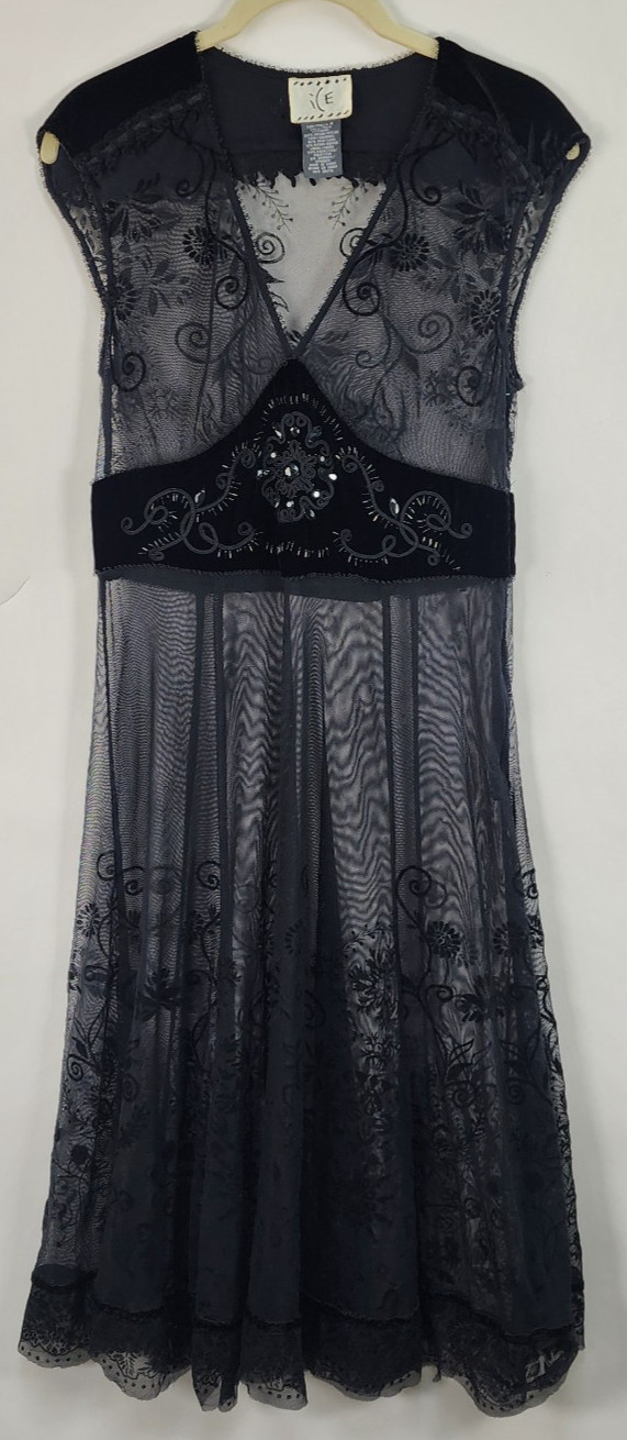 ECI New York Sheer Mesh Dress Women’s 4 Black Velvet Embellished Whimsigoth Y2K