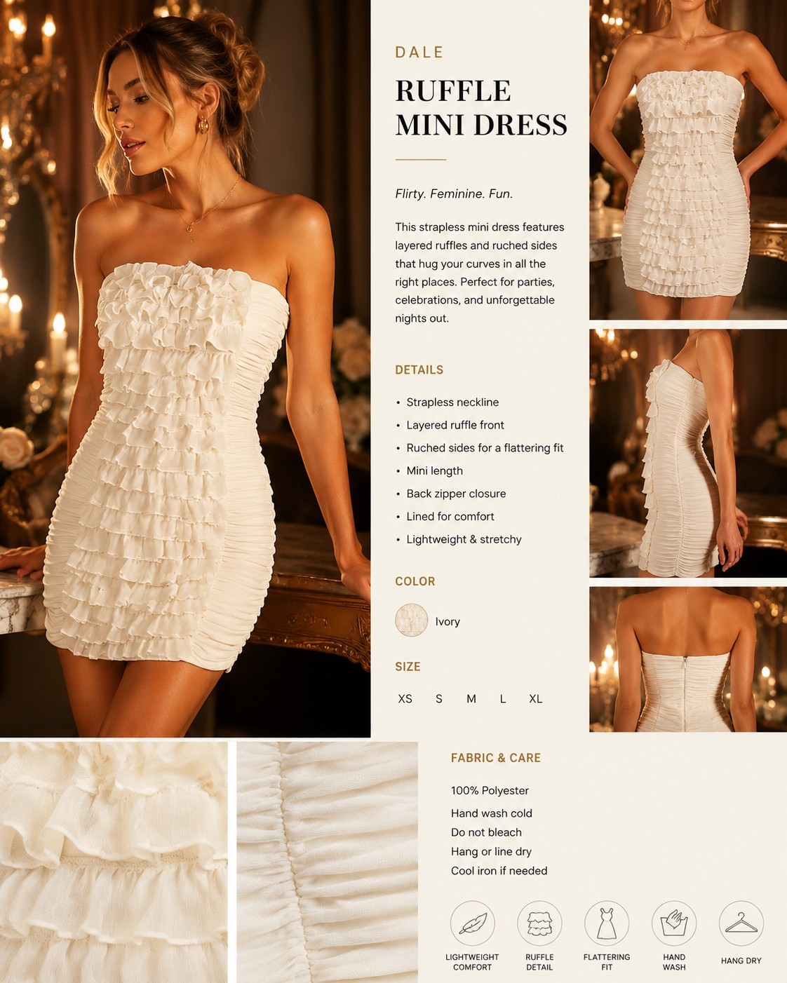 Forever 21 Juniors Medium Ivory Strapless Ruffle Mini Dress Ruched Party Dress