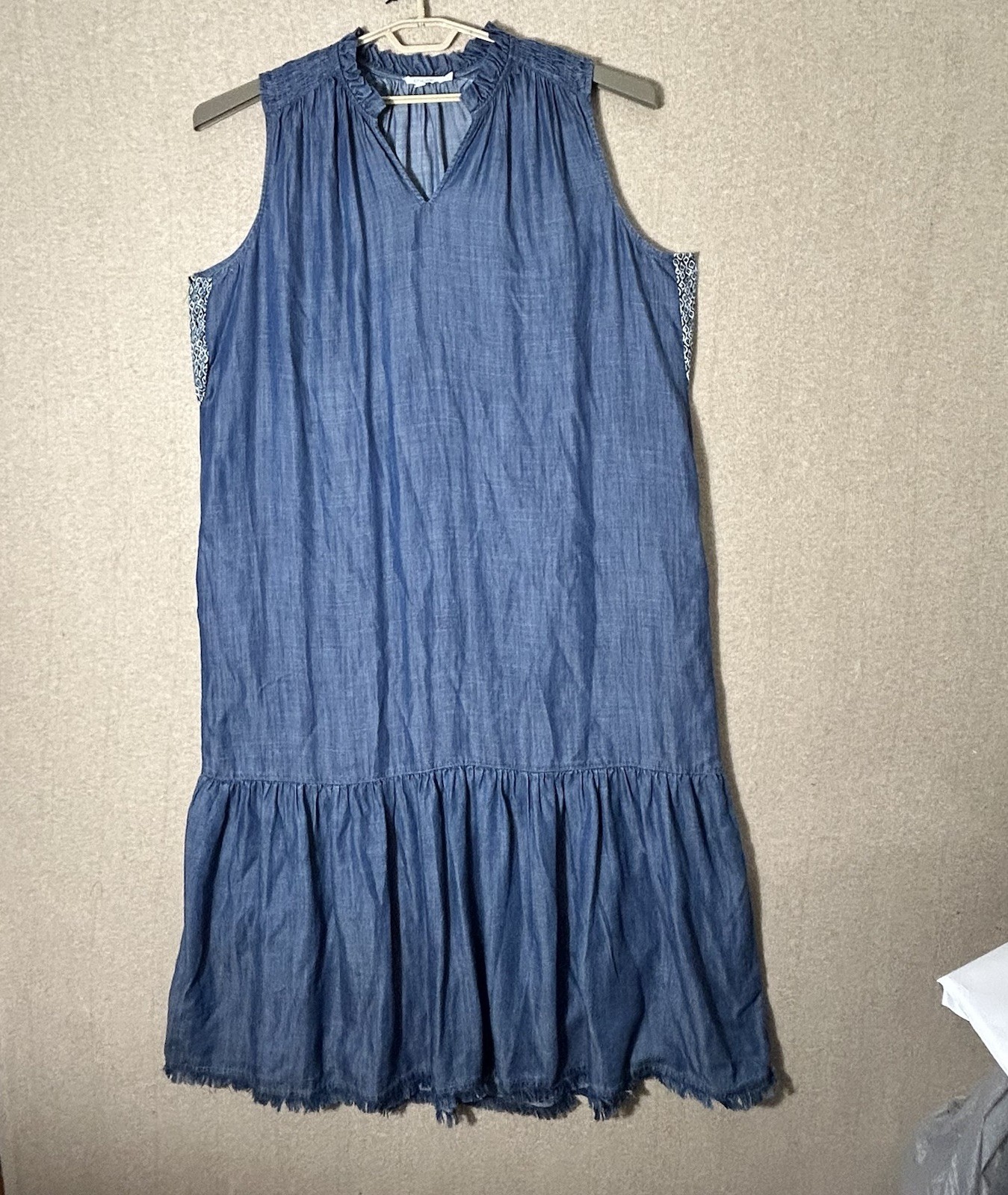 Chicos Maxi Dress Size 4 US 20 XXL Blue Sleeveless Ruched V Neck Fringe Shift