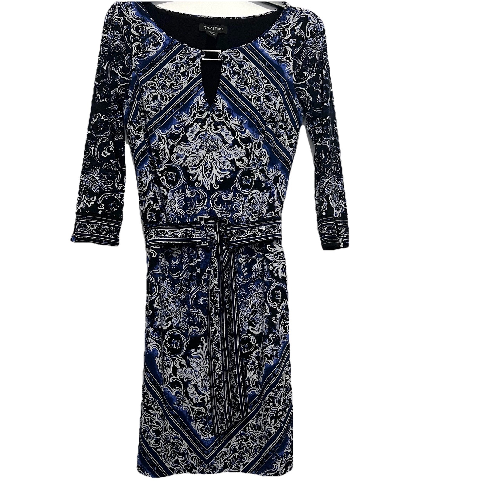 WHBM Womens Sz XS Blue Floral Print Keyhole Neck Belted Dress Silvertone Accents