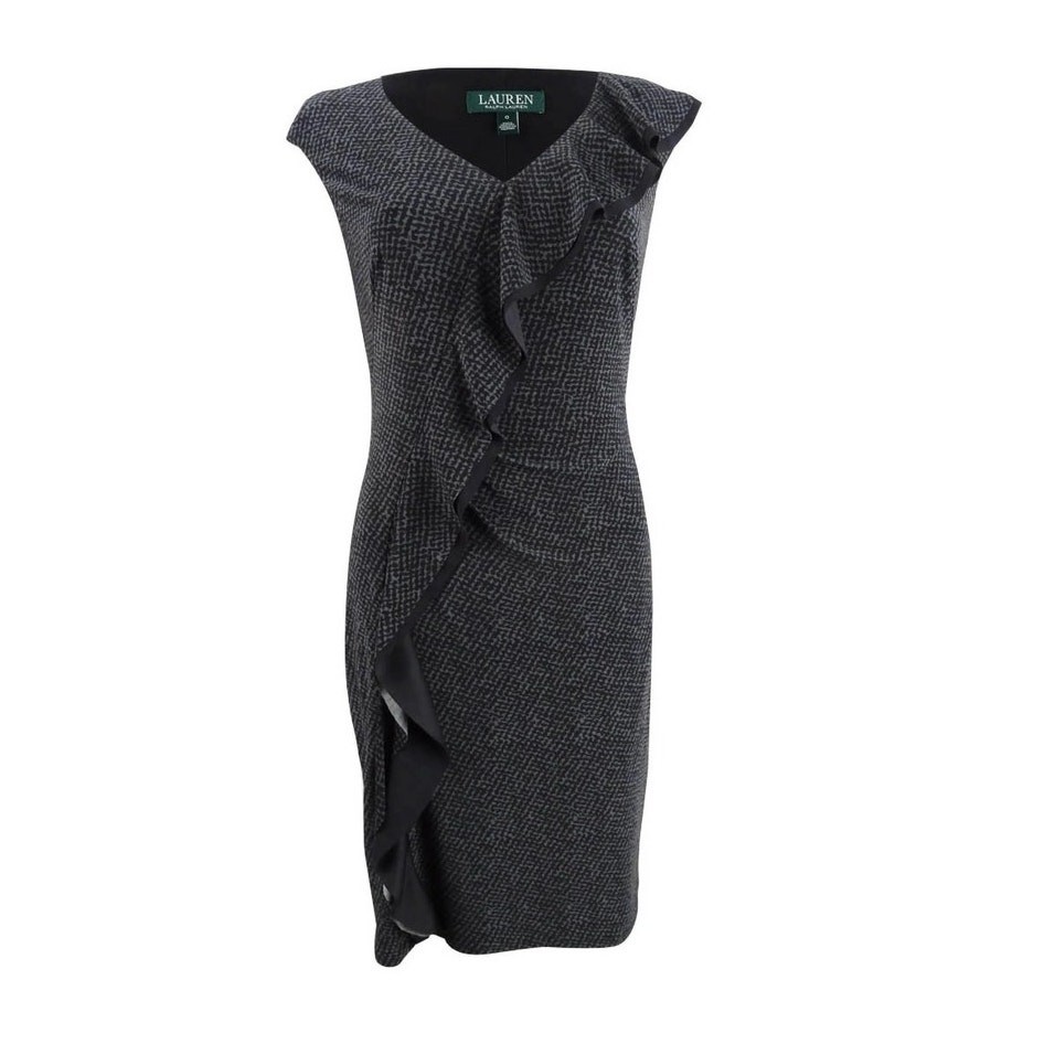 Ralph Lauren Womens Diagonal Ruffle Dress Sz14 Slimming Lined Black Gray Stretch