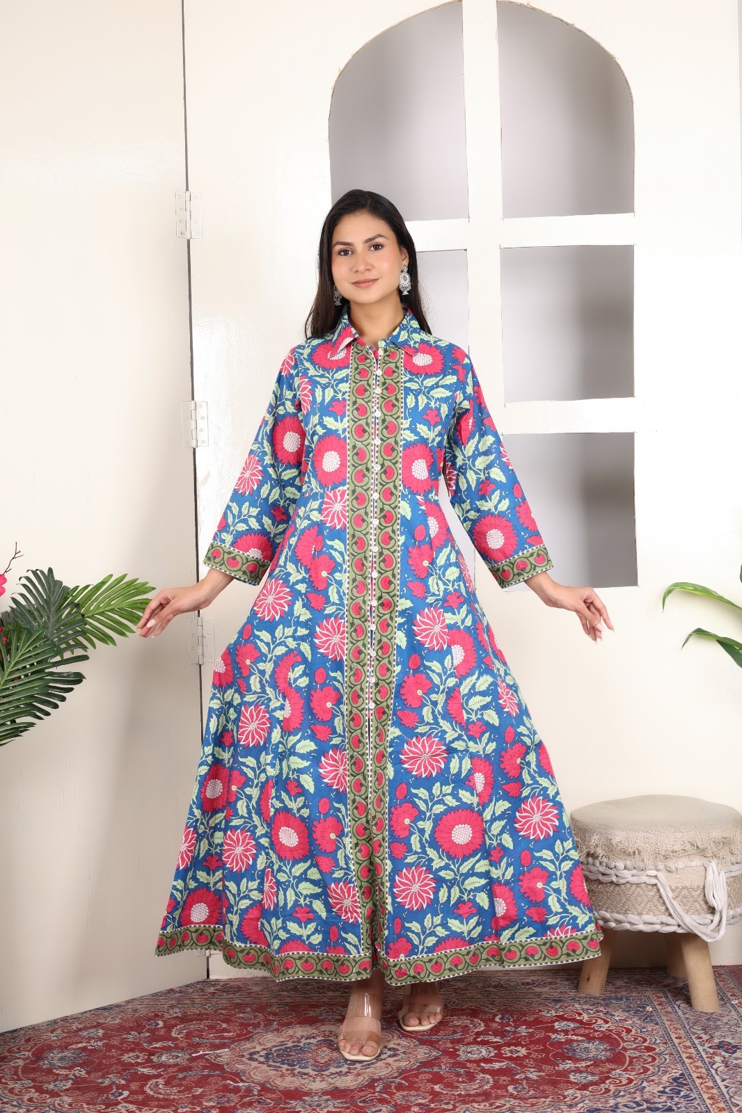 Hand Block Printed Cotton Dress, Floral Print Women Long Dress, Summer Dresses