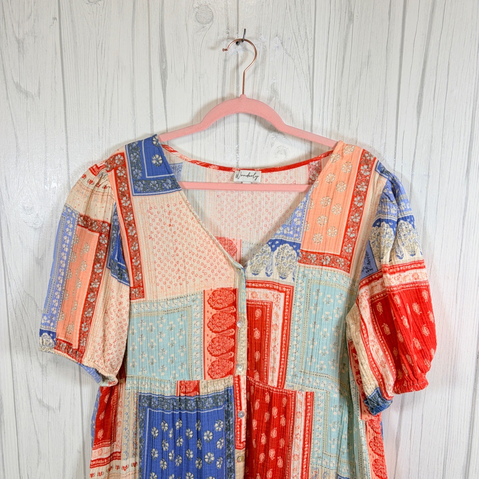 WONDERLY Boho Patchwork Print Cotton Gauze Button-Front Midi Shirt Dress, XL