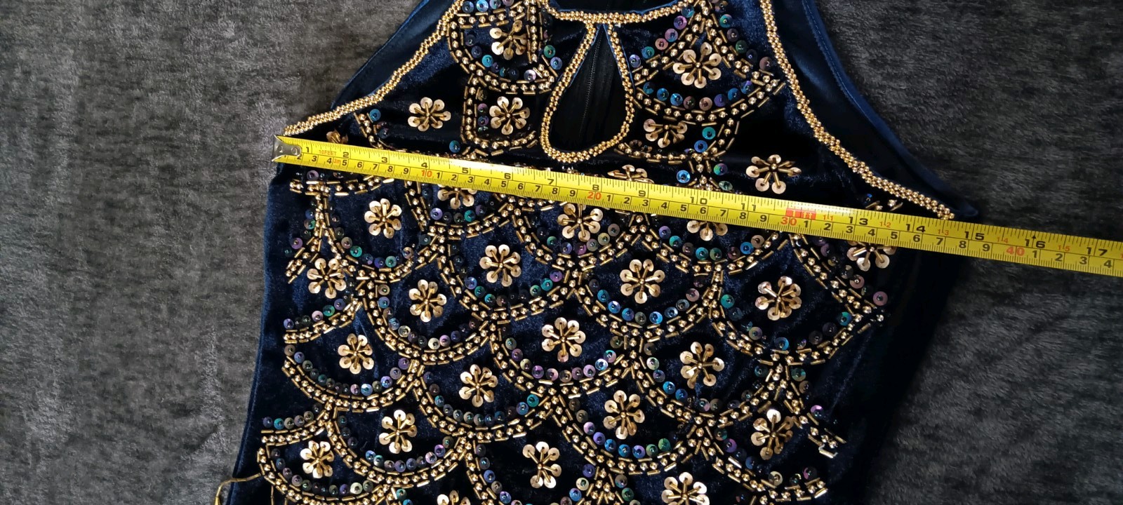 Blue Velour Beaded/Sequin Fringe Halter Formal Dress Sleeveless Long women:M