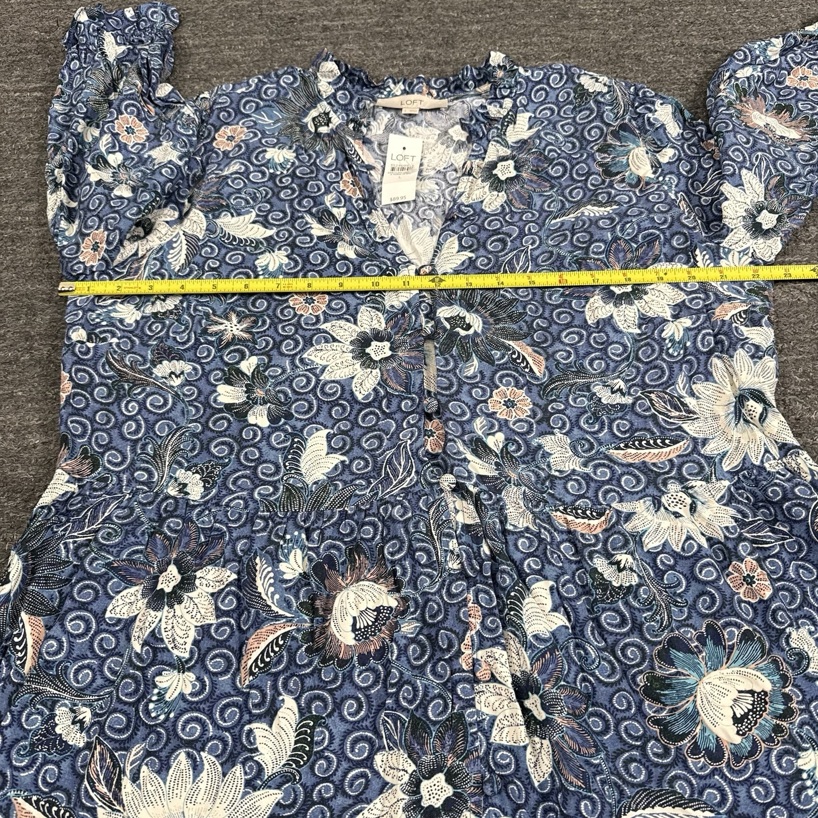 LOFT Dahlia Ruffle Button Mini Dress Women Large Blue Floral Print Tiered Boho