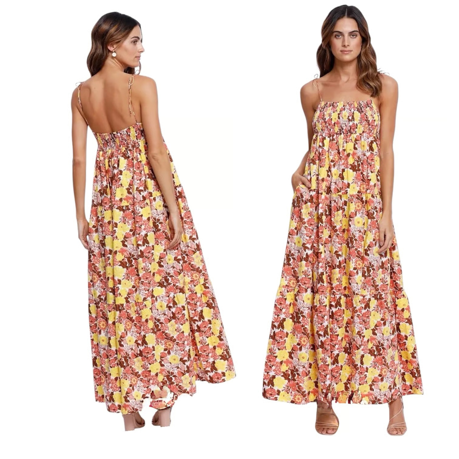S/W/F Floral Tiered Maxi Dress Open Back Smocked Cotton Tie Strap Size M