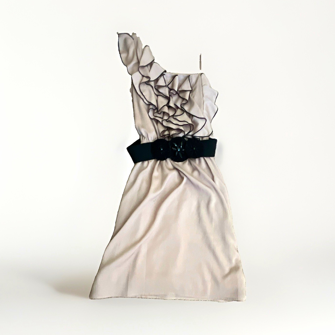 Teeze Me Women’s Beige One Shoulder Ruffle Belted Satin A-Line Short Dress