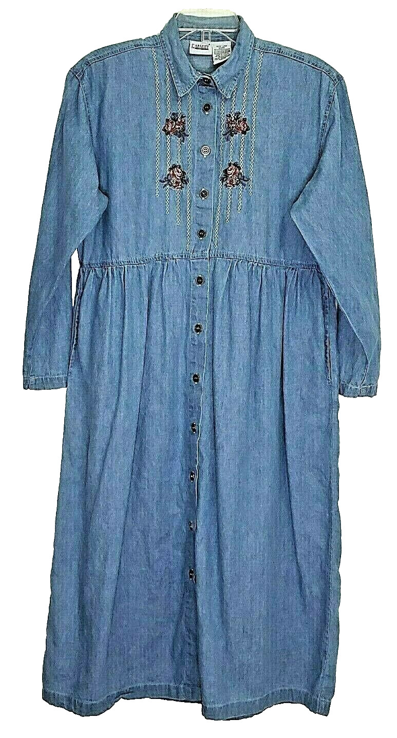 Dress Chambray Denim Embroidered Blue Drop Waist Modest Capacity Petites Large