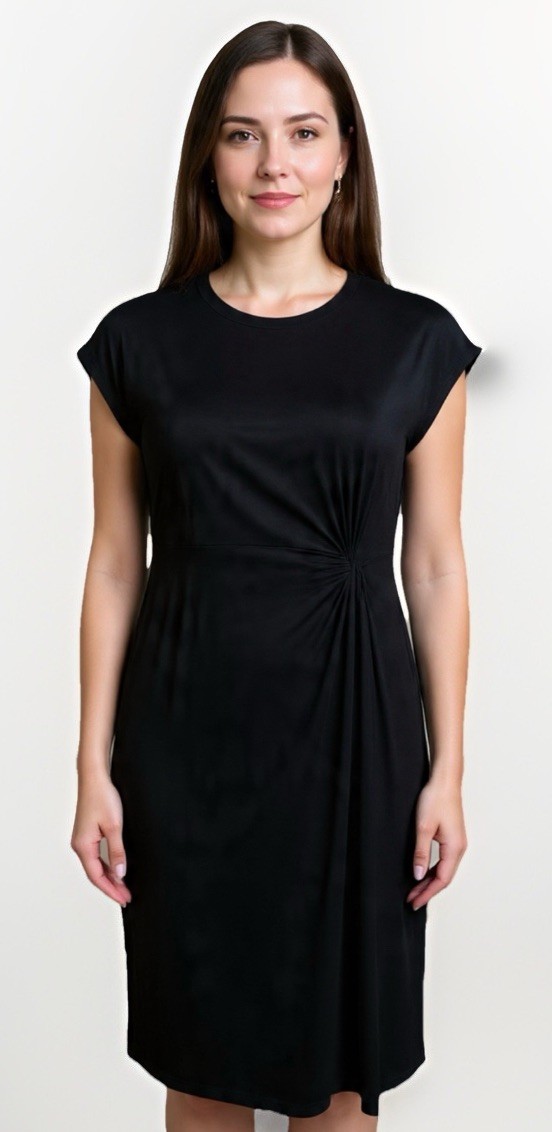 Exclusive Black Ultra Thin T-shirt Twist Tie Midi Dress Cap Sleeve Dress Sz: L