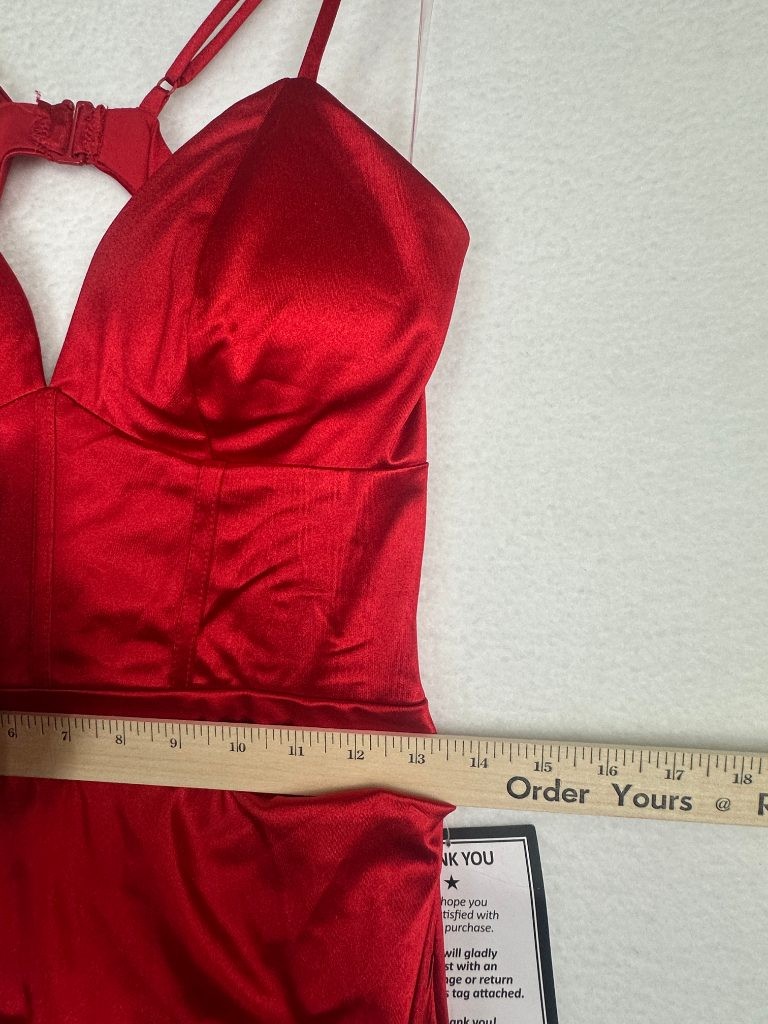 Emerald Sundae Satin Corset Gown Juniors Large Red Open Back Stretch NWT FLAWS