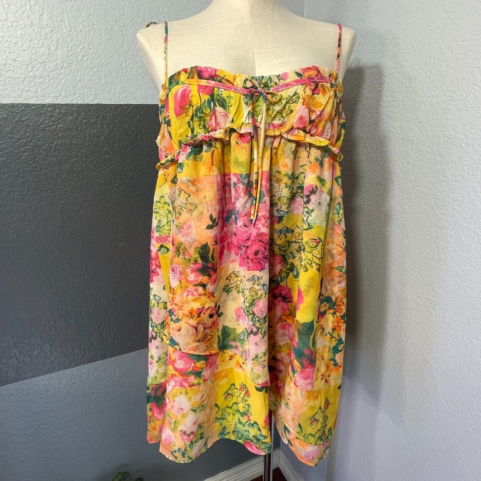 NWT For Love Bell Yellow Floral Chiffon Ruffle Babydoll Slip Mini Dress Large