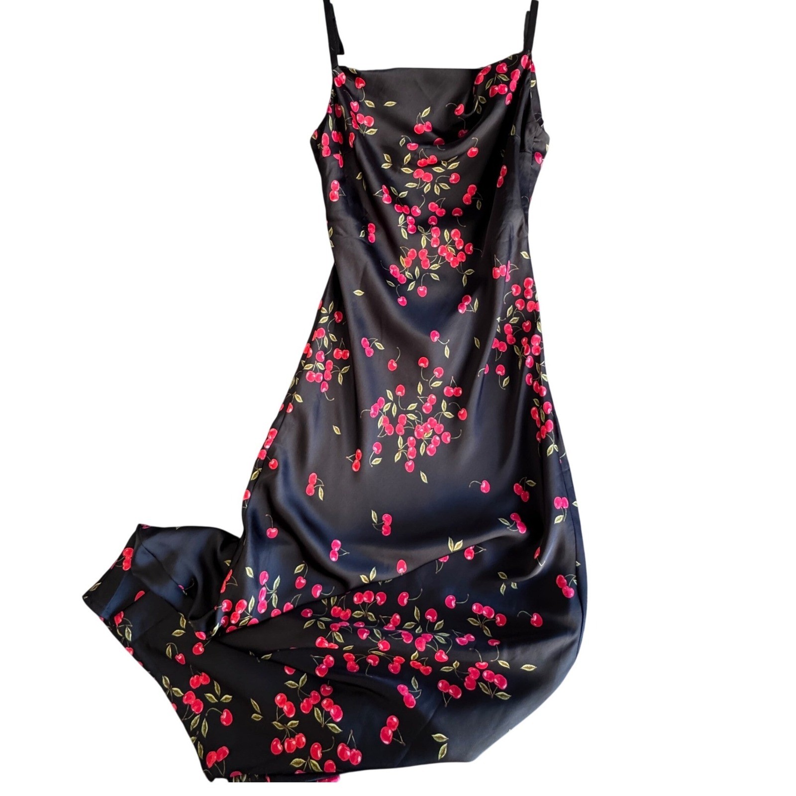 VICI Black Cherry Print Cowl Neck Maxi Dress Medium Open Back Side Slit Summer