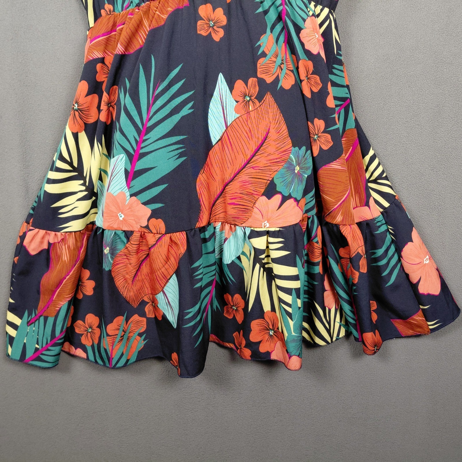 Tropical Floral V-Neck Ruffle Mini Dress Flutter Sleeve Tie Back High Waist ?Lg?