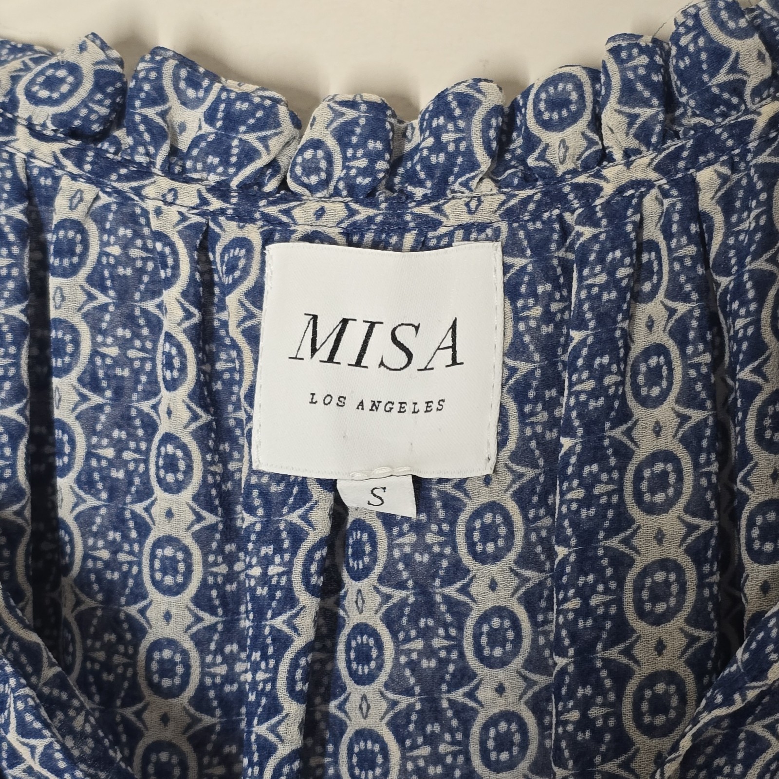MISA Los Angeles Chiffon Midi Dress Blue Geometric Ruffle Boho Size S