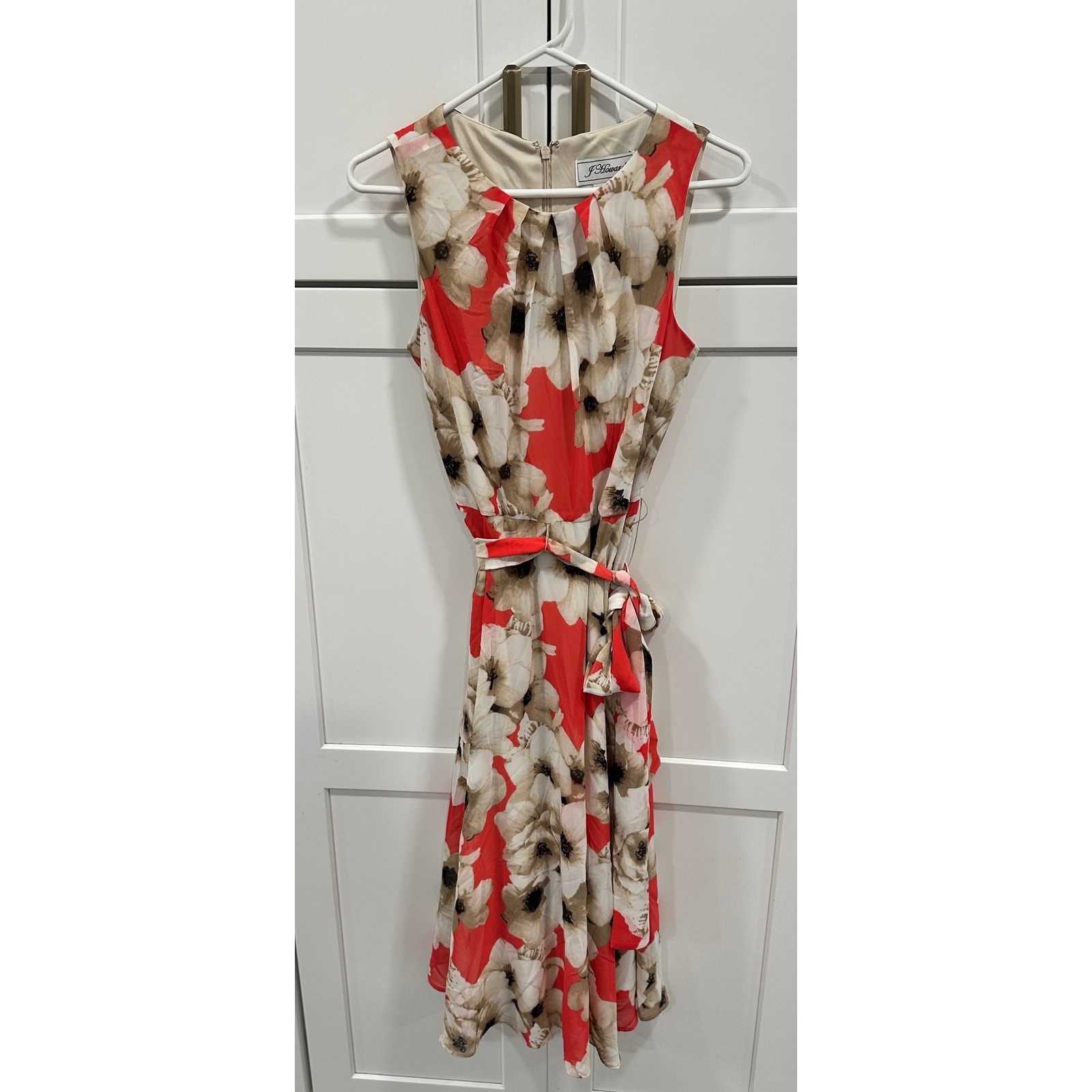 J Howard Womens Red White Floral Sleeveless Pleated Midi Dress Size 8 Belted