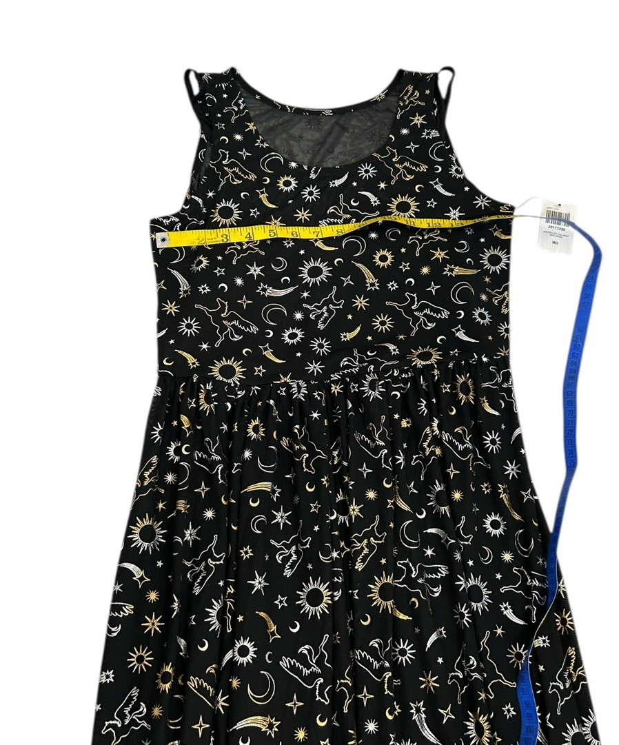 Cosmic Aura Astrology Celestial Stars Moon Foil Mesh Maxi Dress Sz M Black Gold