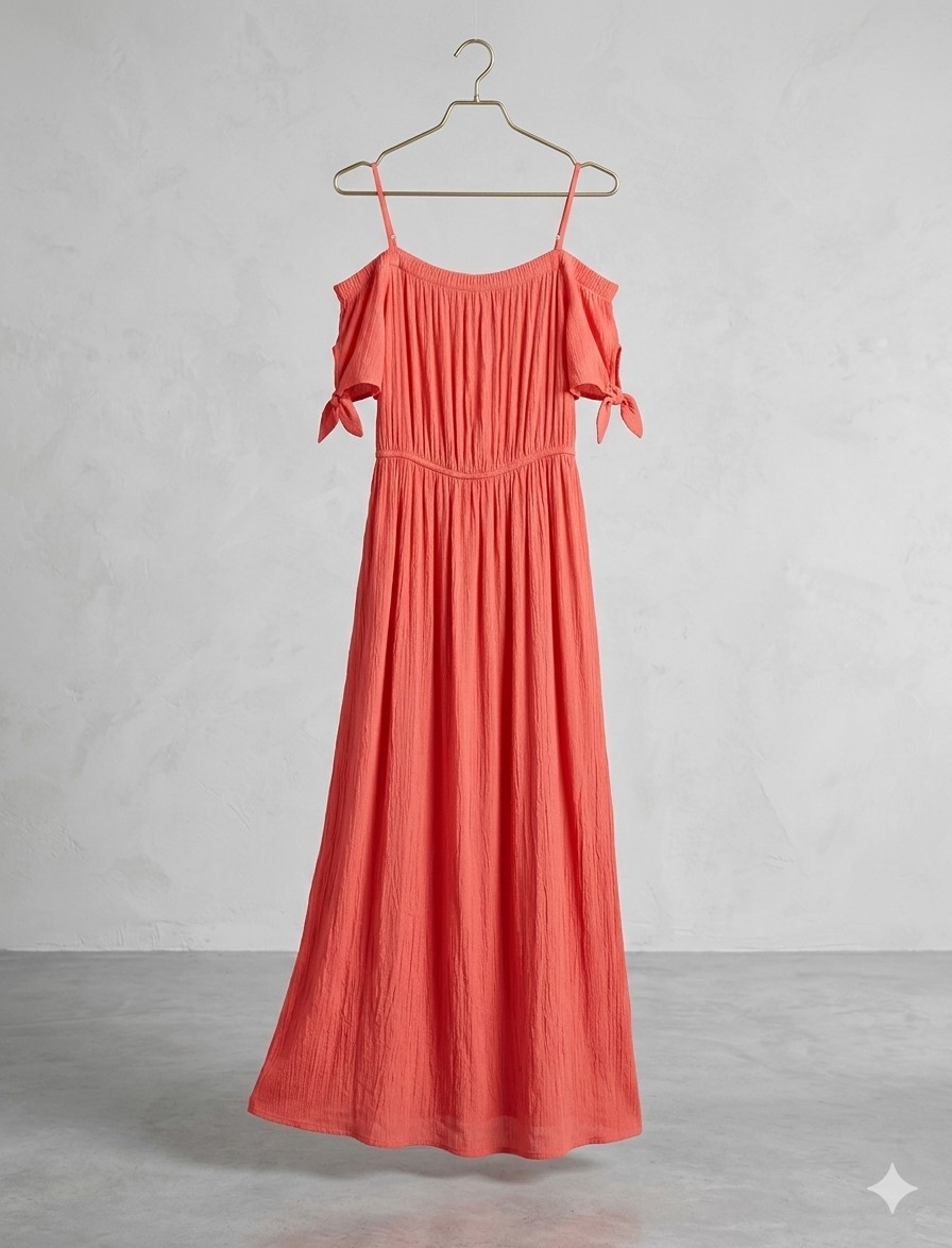 One Clothing L.A. Boho Coral Gauze Off-Shoulder Dress with Tie Sleeves M