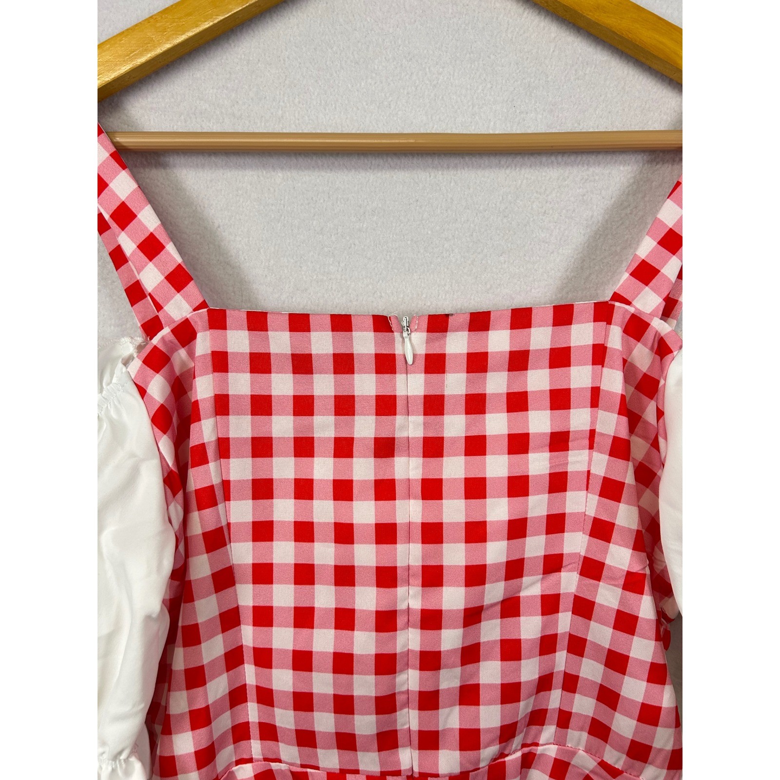 Mod Red Gingham Off Shoulder Lace Up Puff Sleeve Dress Size S NWT