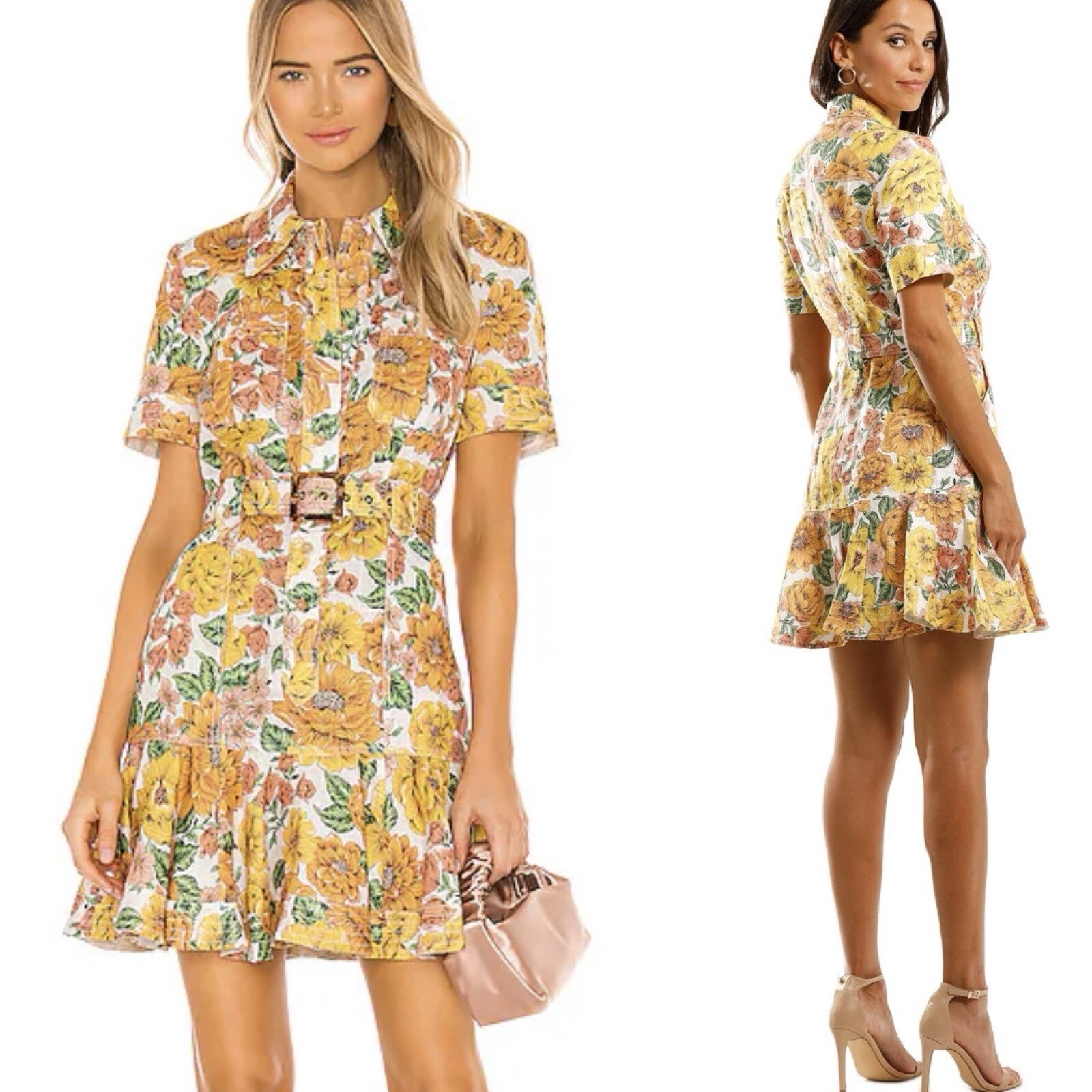 Zimmermann Belted Mini Dress 0 US 4 Linen Short Sleeve Floral Button ShirtDress