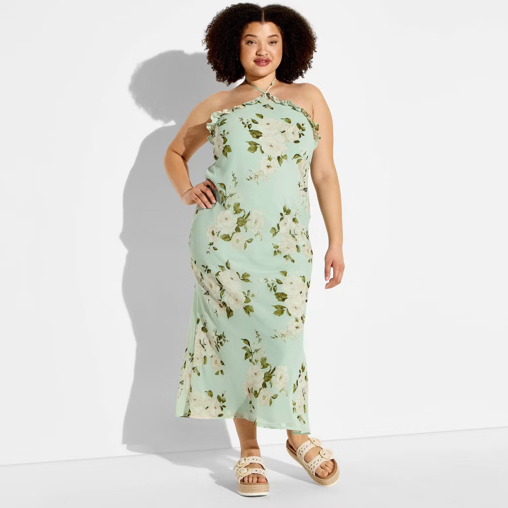 Women Ruffle Maxi Empire Waist Dress – Wild Fable Green Floral XXL