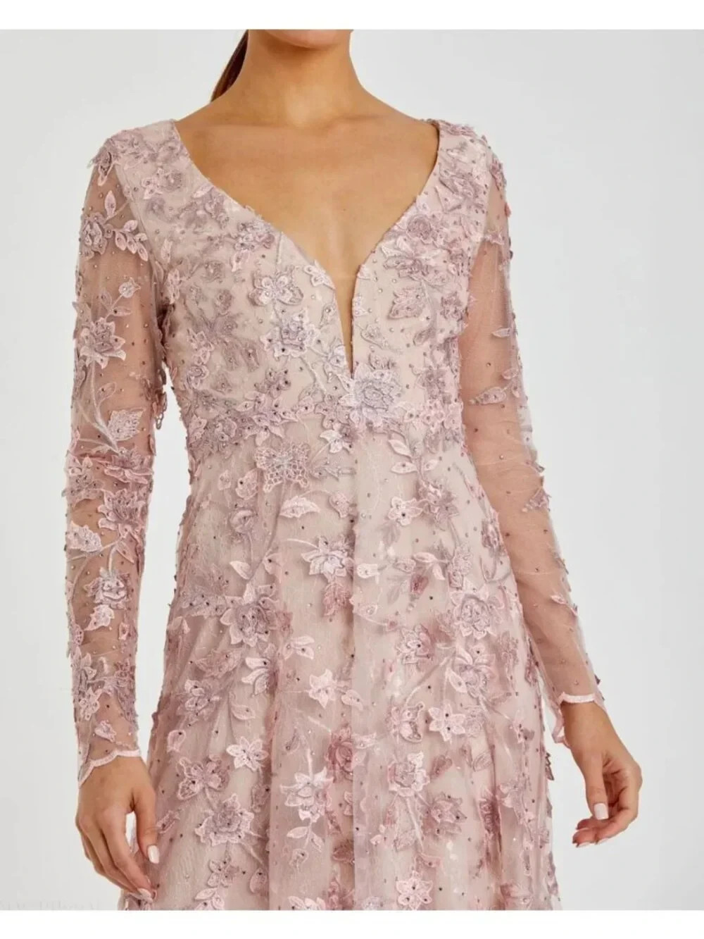 Mac Duggal 70224 Floral Applique Long Sleeve Illusion Gown Rose Pink Size 12 NWT