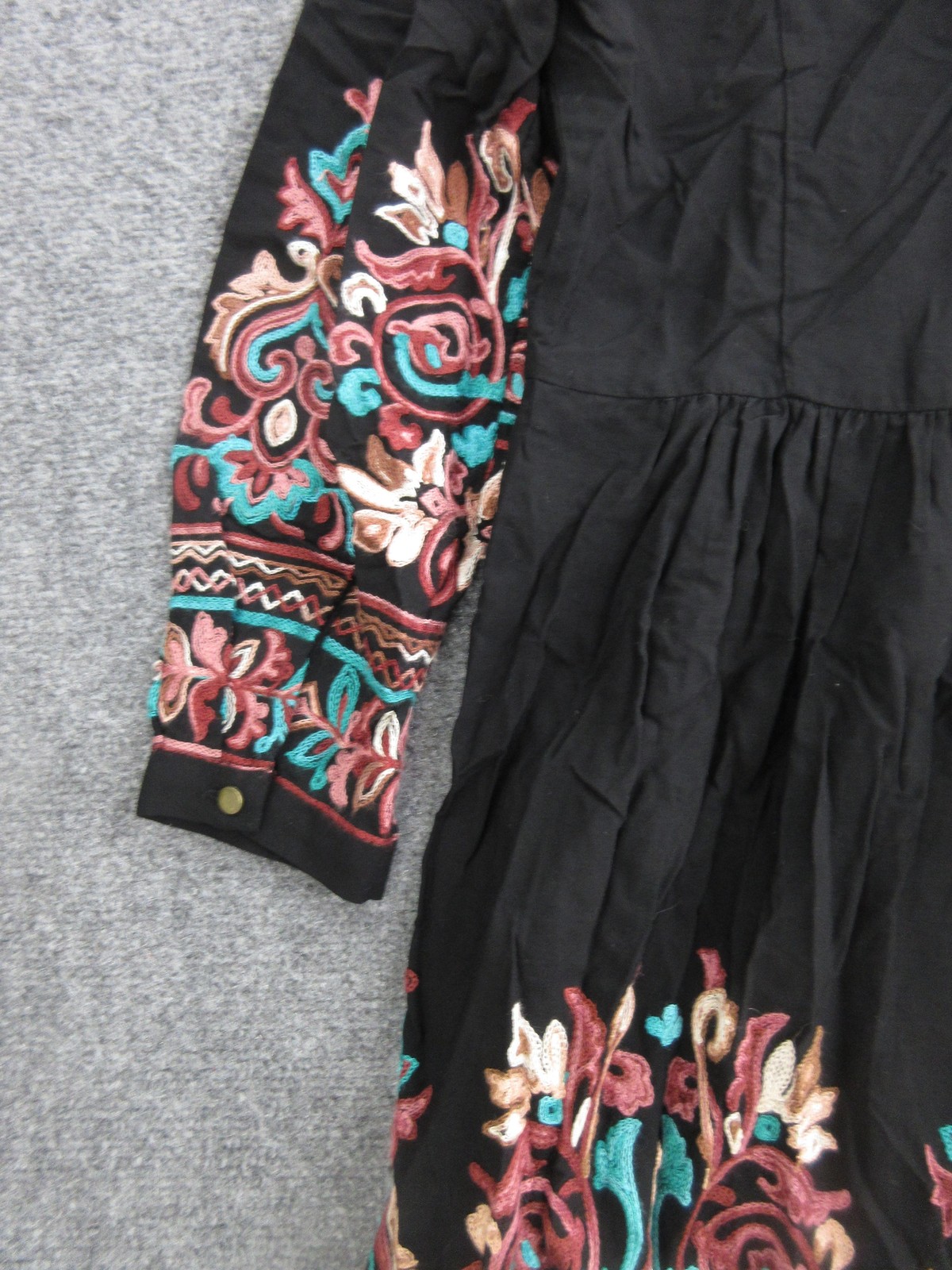 Floret Dress Womens Petite Small Black Embroidered Boho Trapeze Long Sleeve